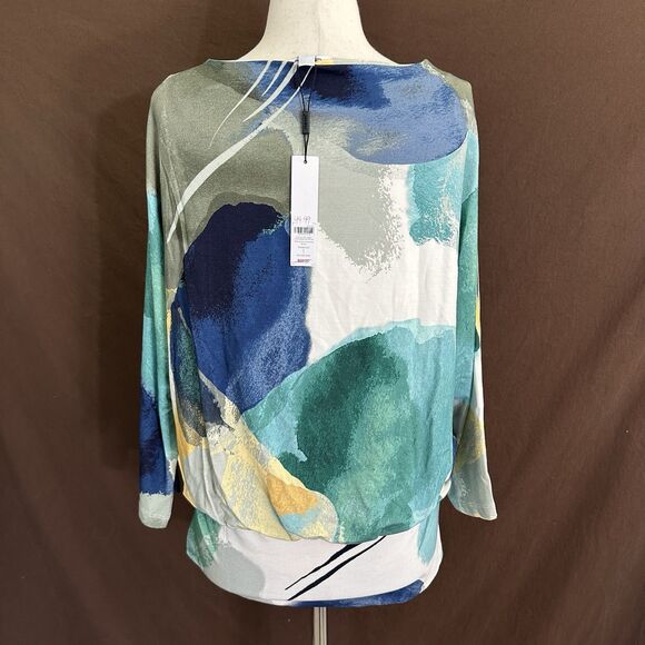 NEW Chico's Touch of Cool Watercolor Banded-Hem Top Size 1 US M 3/4 Sleeves - Picture 4 of 7